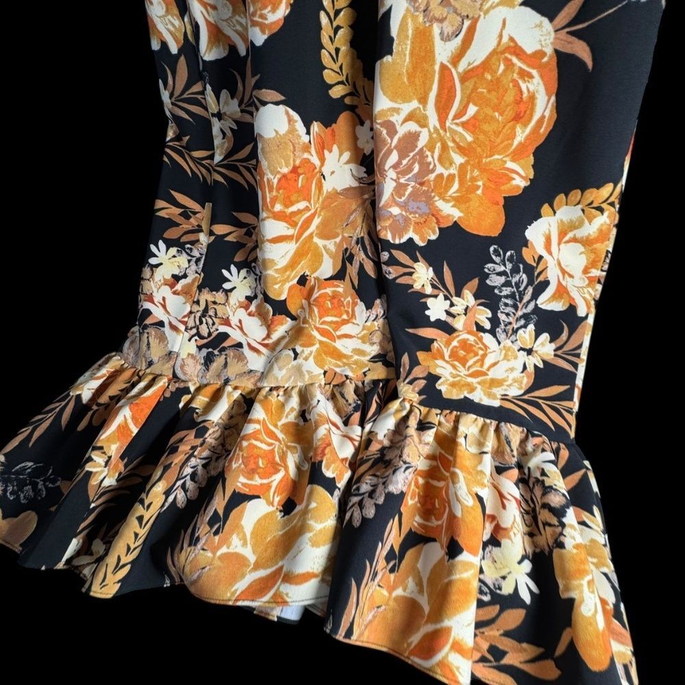 Laundry By Shelli Segal NWT Black/Gold Floral Bouquet Ruffle Hem Midi Dress Sz 6 - Picture 7 of 7